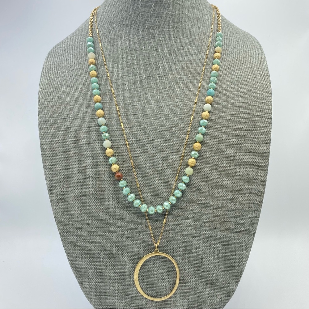 Beaded Necklace Two Strand Seafoam Blue Faceted Crystal Beads Jasper Stone Boho